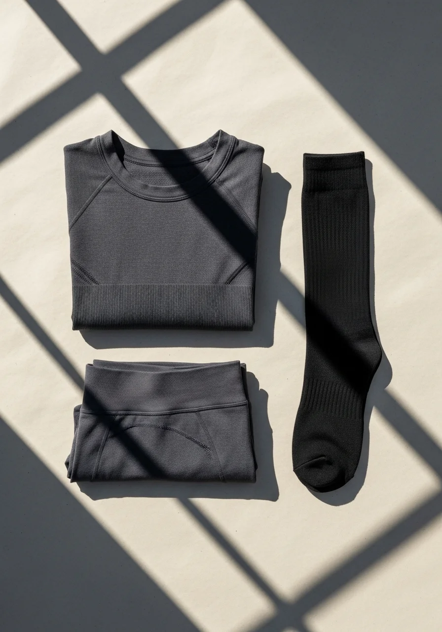 Flatlay nahtloser Funktionswäsche und Skisocken auf cremefarbenem Hintergrund