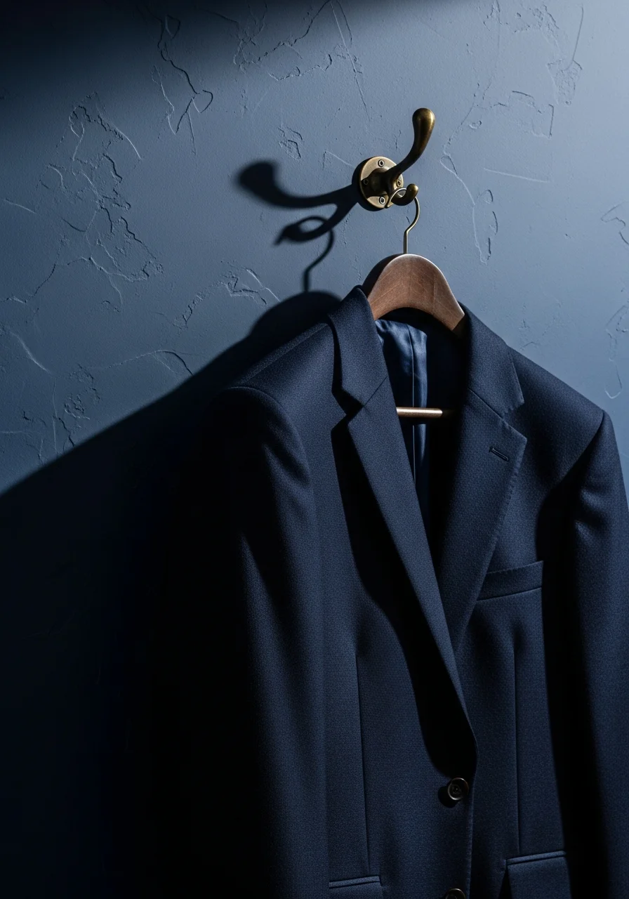 Maßgeschneiderter Marineblauer Wollblazer auf einem dunklen Hakenelement