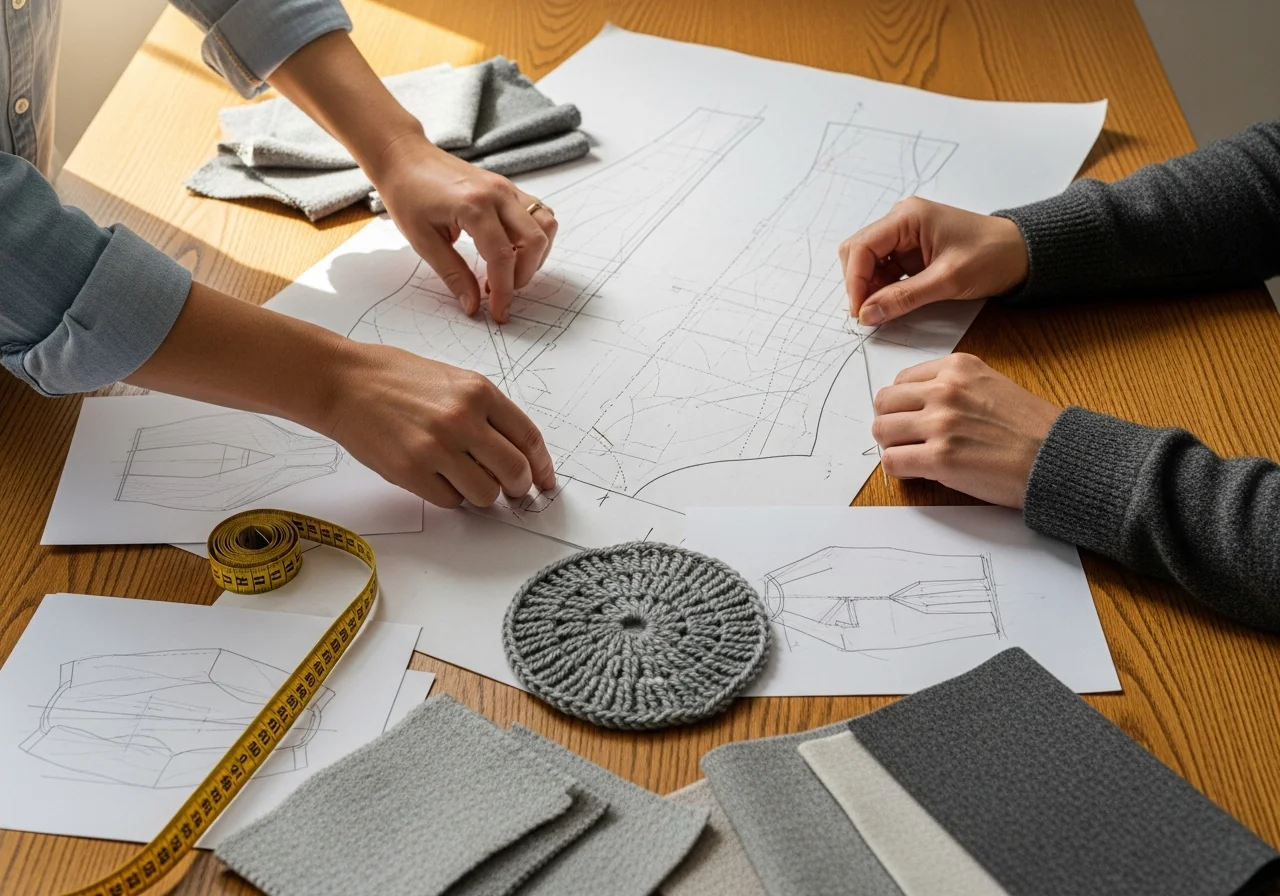 Detail-Aufnahme einer Designtischfläche mit Schnittmustern, Stoffmustern und Maßband